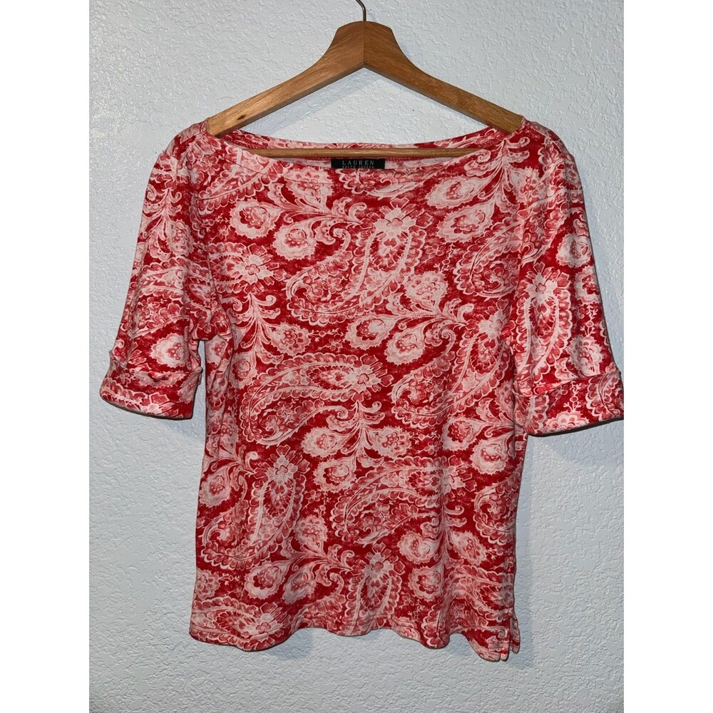 Lauren Ralph Lauren Top Shirt Pink Red Short Sleeve Casual Paisley Medium